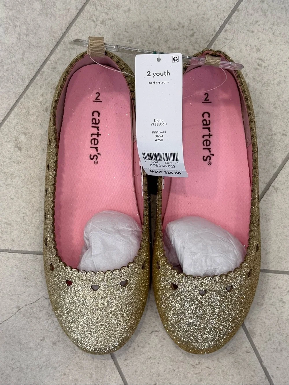 Carter's Ellaria Gold Glitter Heart Cutout Ballet Flats Big Girl